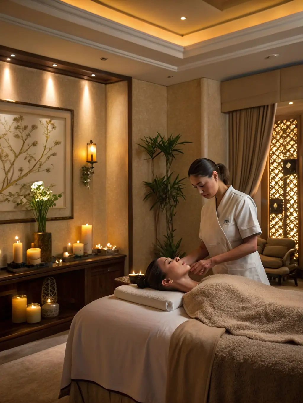 A client receiving a facial treatment in a dimly lit room with soft music playing, emphasizing the relaxing atmosphere of Glitzk.