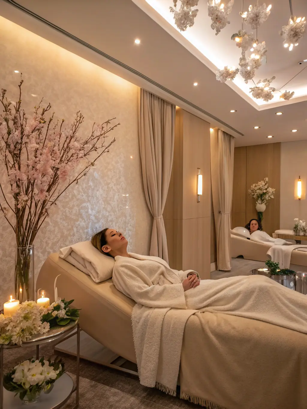 A serene treatment room with soothing lighting and skincare products displayed, emphasizing the calming atmosphere of Glitzk's skin treatments.