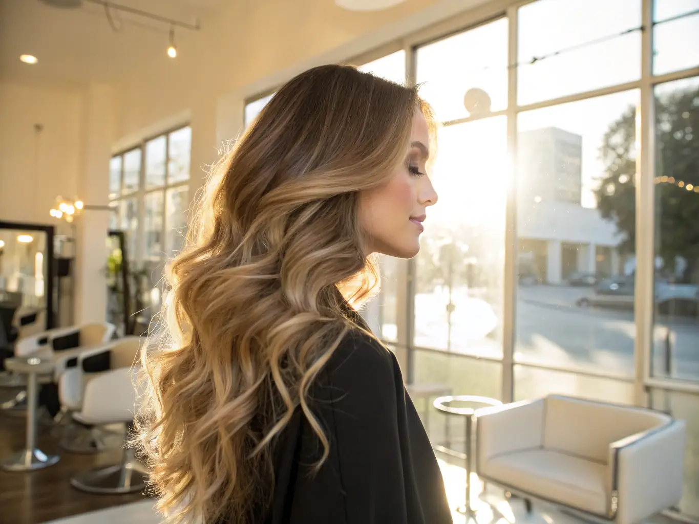 A beautifully styled woman with flowing hair, showcasing a professional hair styling service in a modern salon setting.