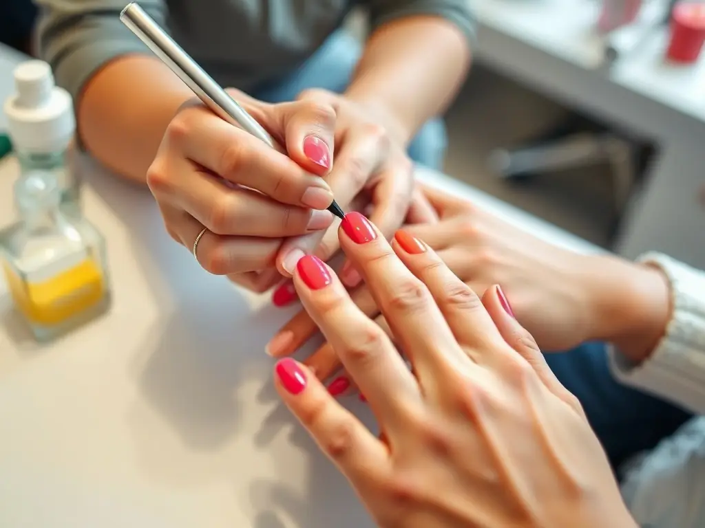 Close-up of hands receiving a manicure, highlighting the precision and care involved in the service.